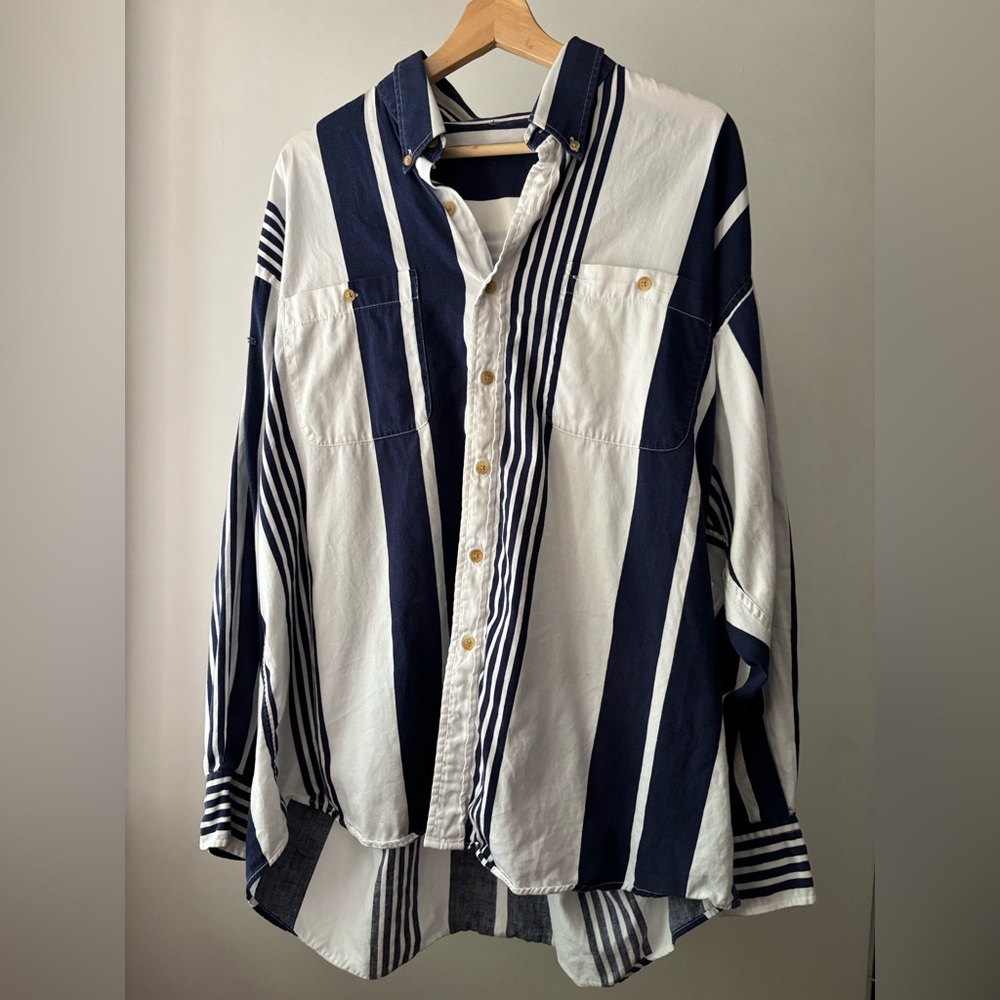 1990s Soft Cotton Navy Striped Button Up